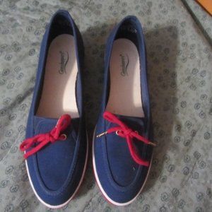 9M Grasshopper Deck Shoes Navy Blue and Red Tie Excellent Condition